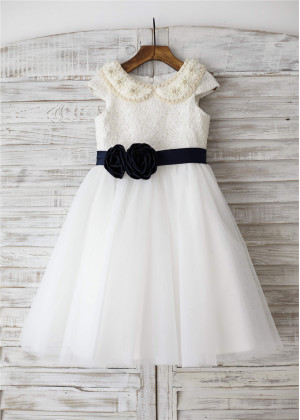 Beaded Peter Pan Collar Ivory Lace Tulle Rustic Flower Girl Dress